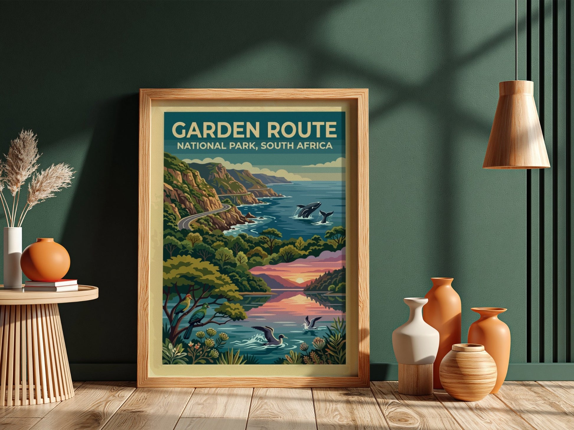 Travel poster of Garden Route National Park with coastal cliffs, whales, and birds.