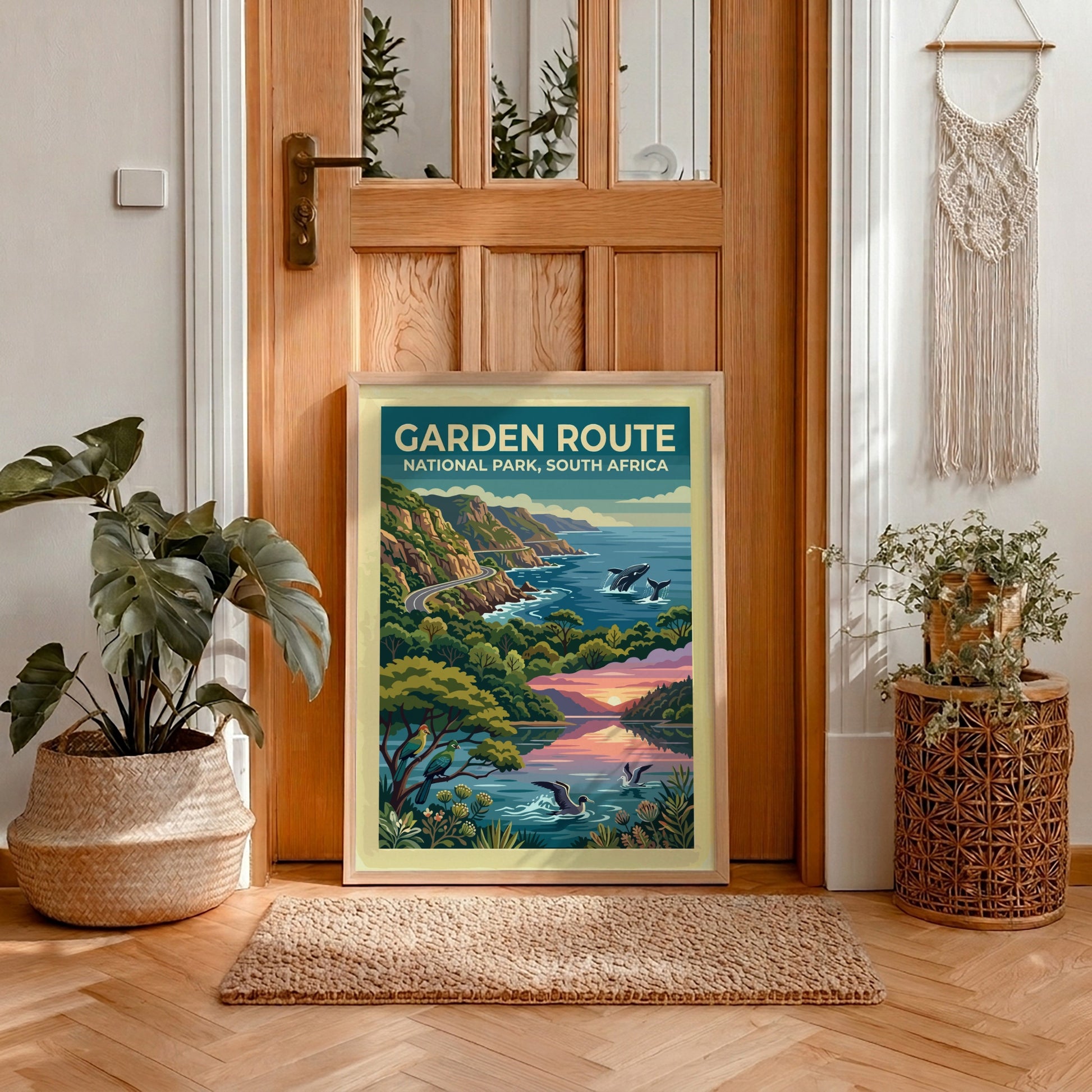 Travel poster of Garden Route National Park with coastal cliffs, whales, and birds.