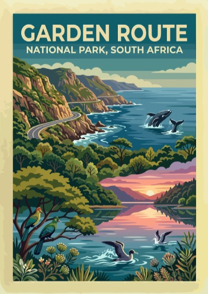 Travel poster of Garden Route National Park with coastal cliffs, whales, and birds.