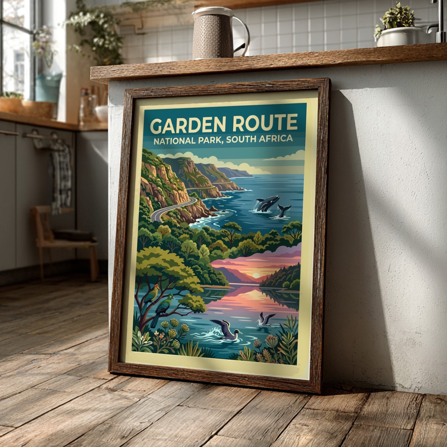 Travel poster of Garden Route National Park with coastal cliffs, whales, and birds.