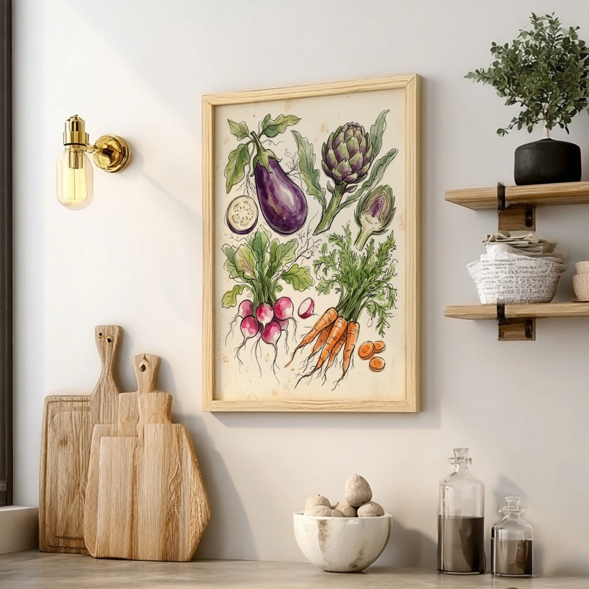 Watercolor poster featuring garden vegetables including eggplant, artichokes, radishes, and carrots on a