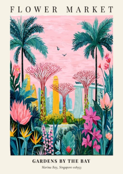 Flower market artwork featuring vibrant tropical colors and modern architecture, ideal for wall decor.