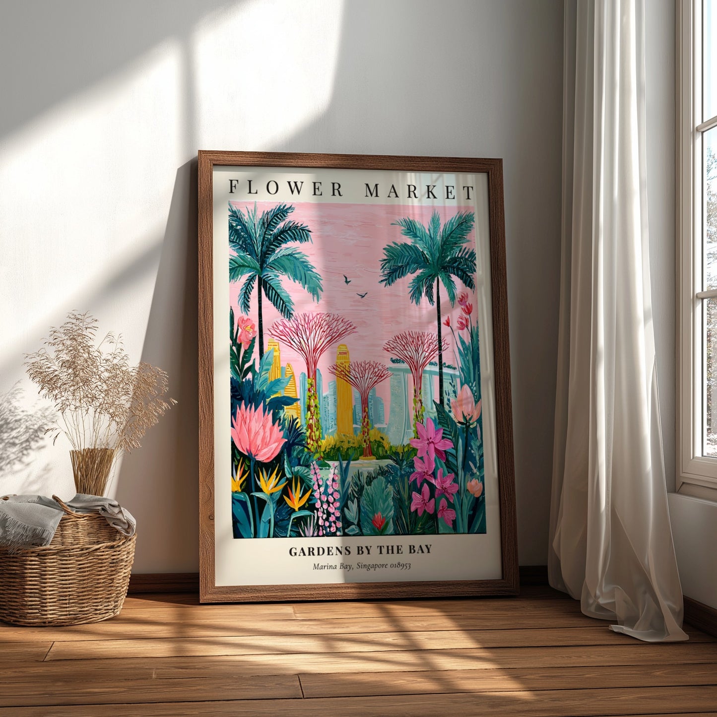 Flower market artwork featuring vibrant tropical colors and modern architecture, ideal for wall decor.