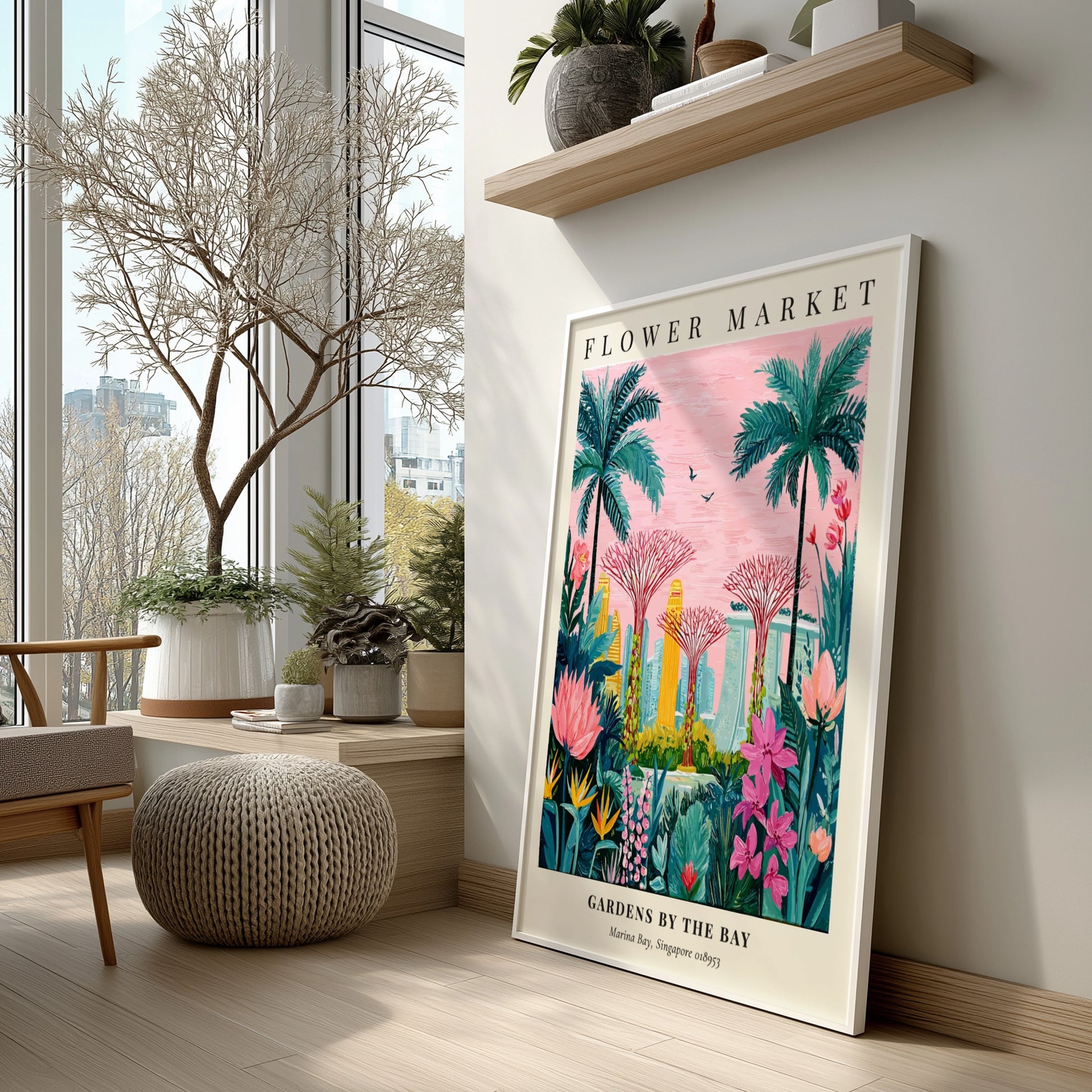 Flower market artwork featuring vibrant tropical colors and modern architecture, ideal for wall decor.