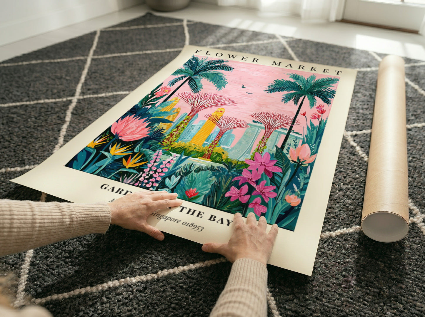 Flower market artwork featuring vibrant tropical colors and modern architecture, ideal for wall decor.