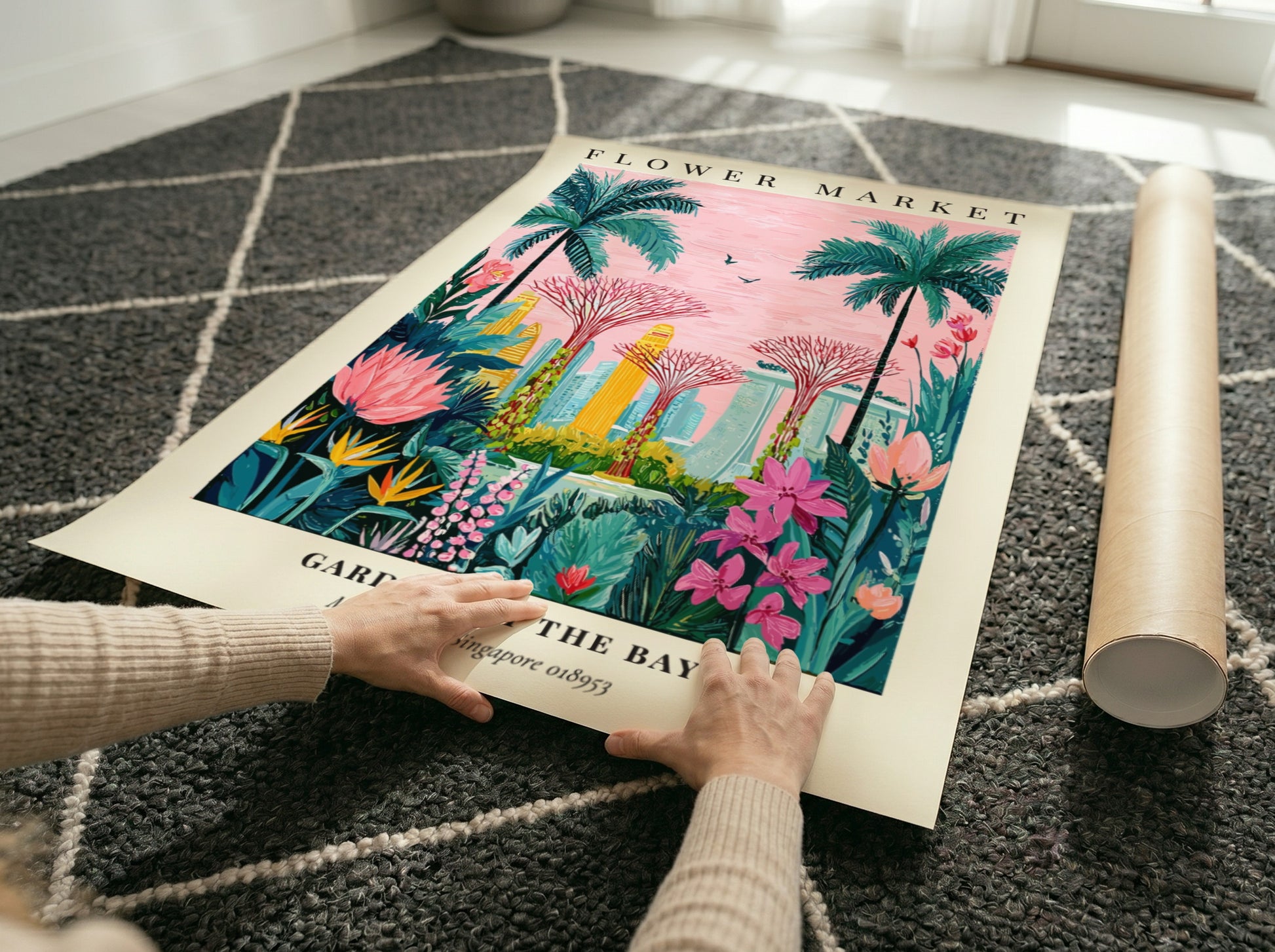 Flower market artwork featuring vibrant tropical colors and modern architecture, ideal for wall decor.