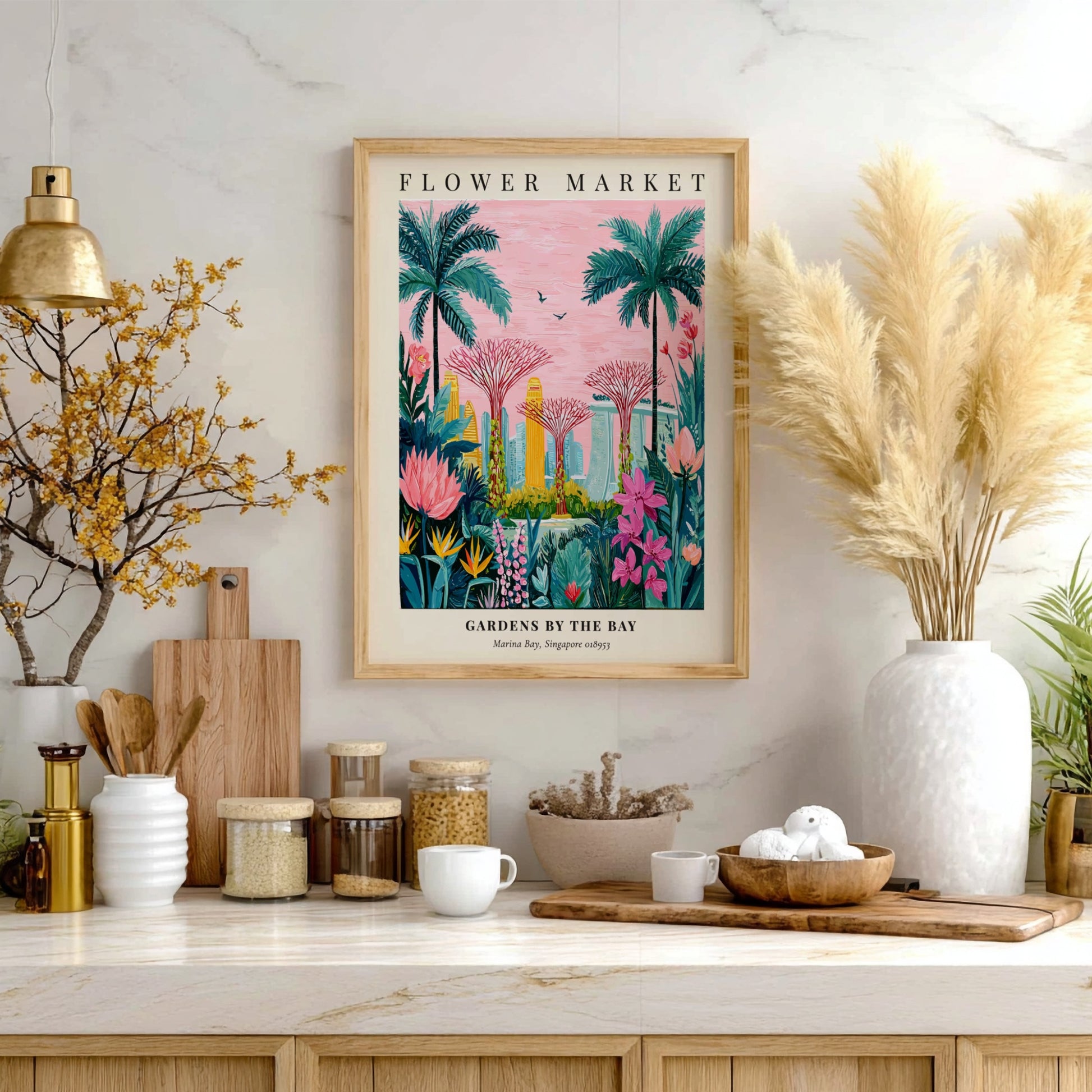 Flower market artwork featuring vibrant tropical colors and modern architecture, ideal for wall decor.