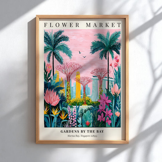 Flower market artwork featuring vibrant tropical colors and modern architecture, ideal for wall decor.