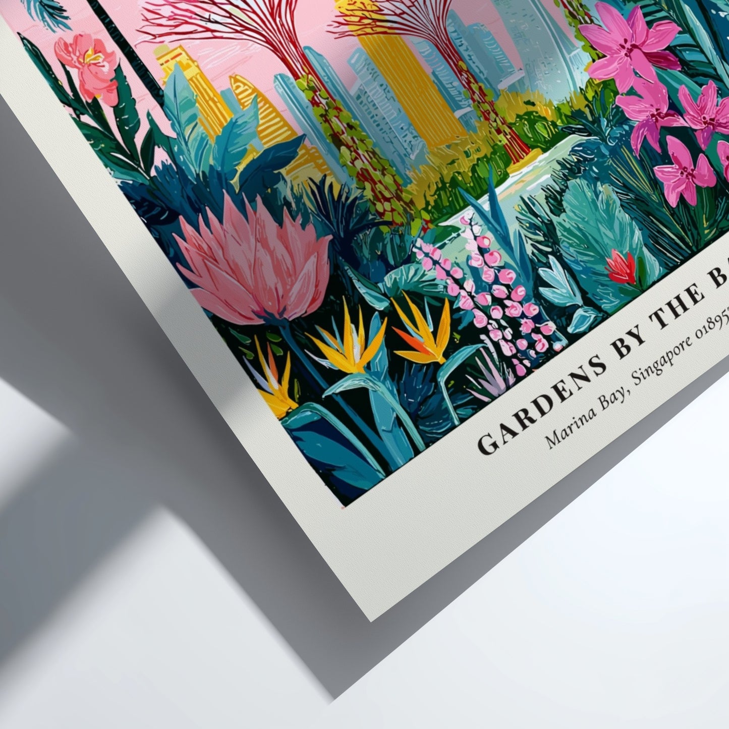 Flower market artwork featuring vibrant tropical colors and modern architecture, ideal for wall decor.