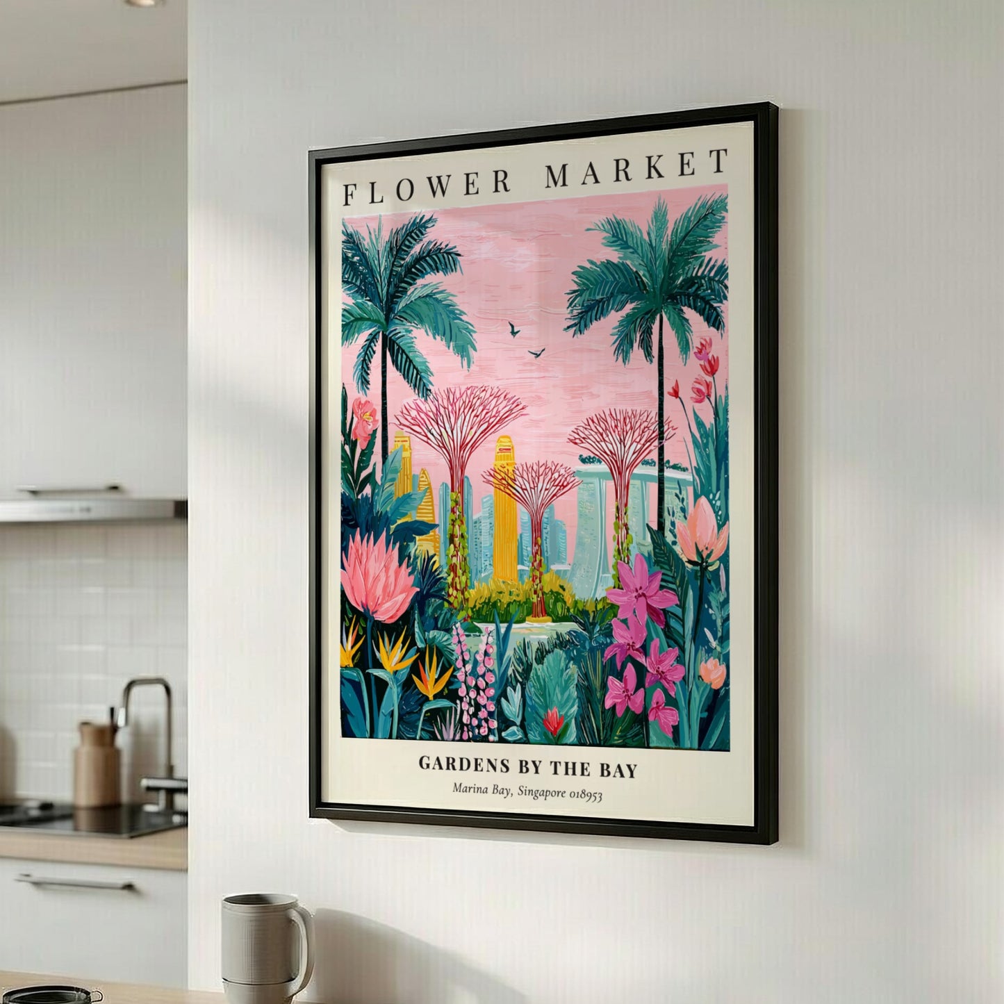 Flower market artwork featuring vibrant tropical colors and modern architecture, ideal for wall decor.