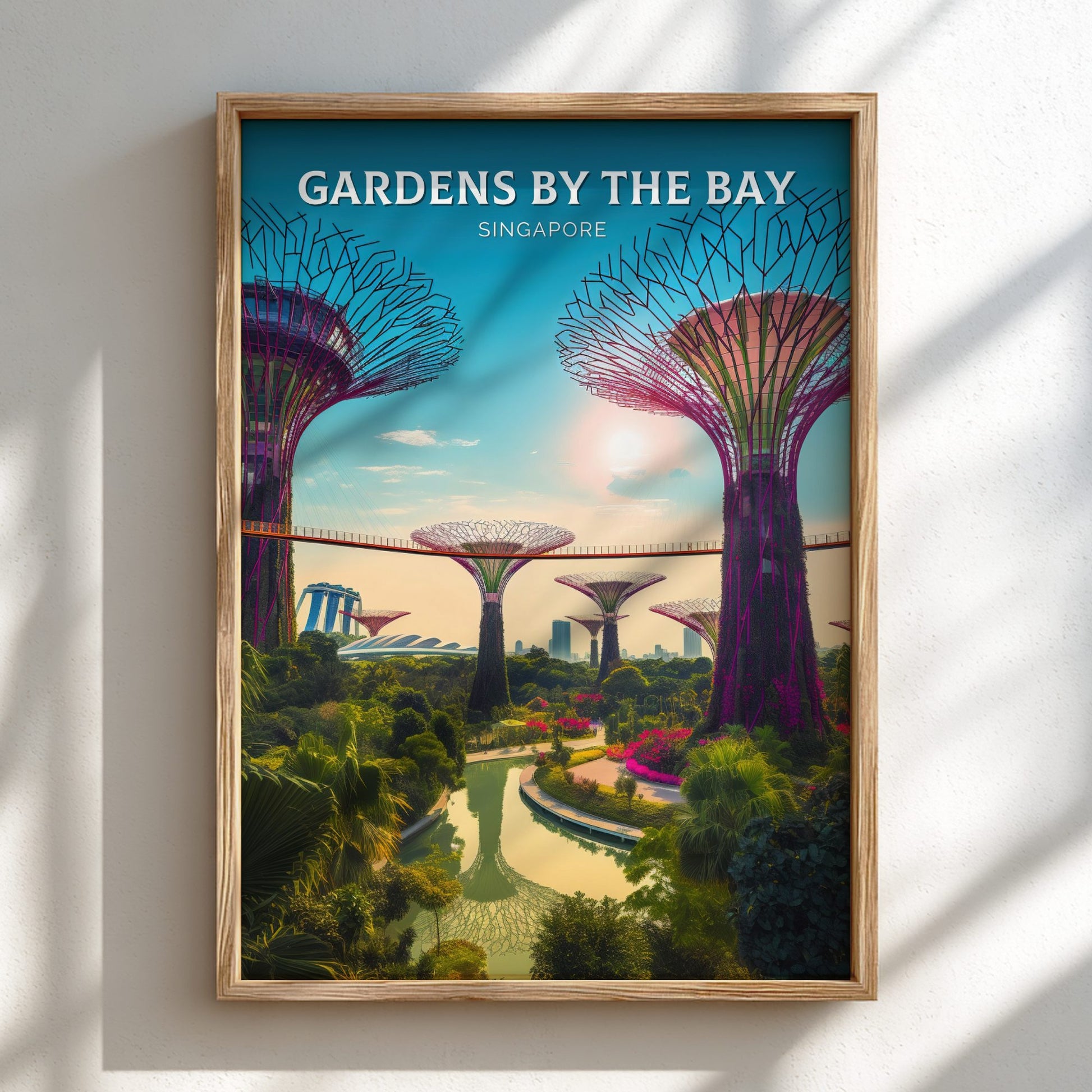 Framed poster of Gardens by the Bay, Singapore with a wooden frame.