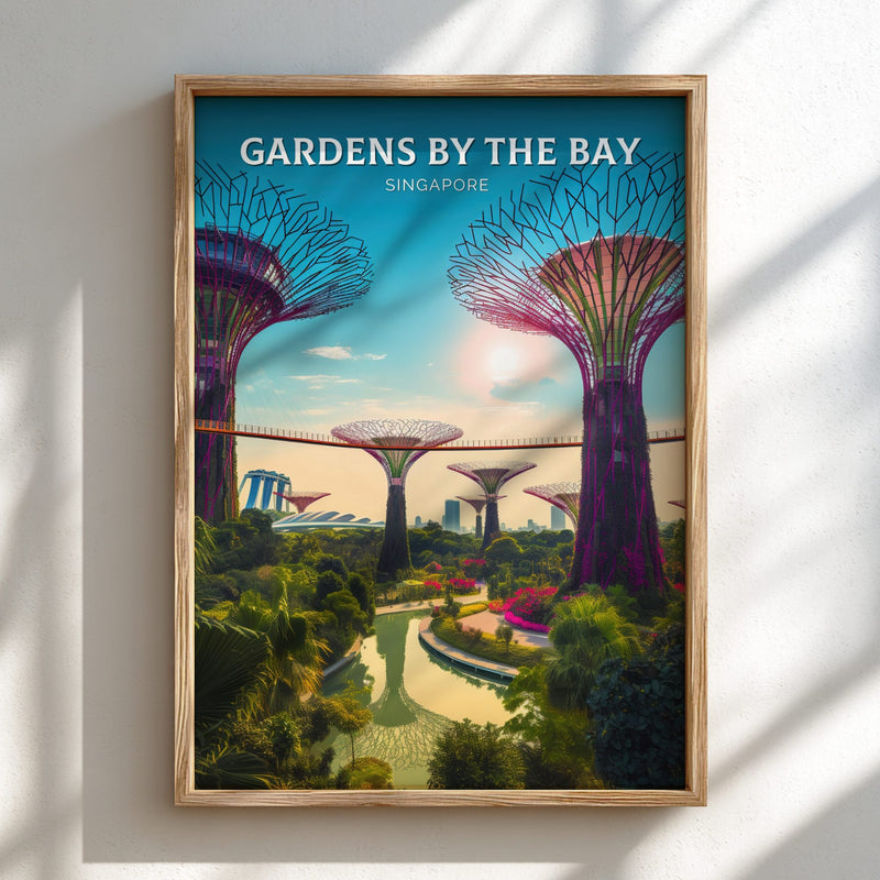 Framed poster of Gardens by the Bay, Singapore with a wooden frame.