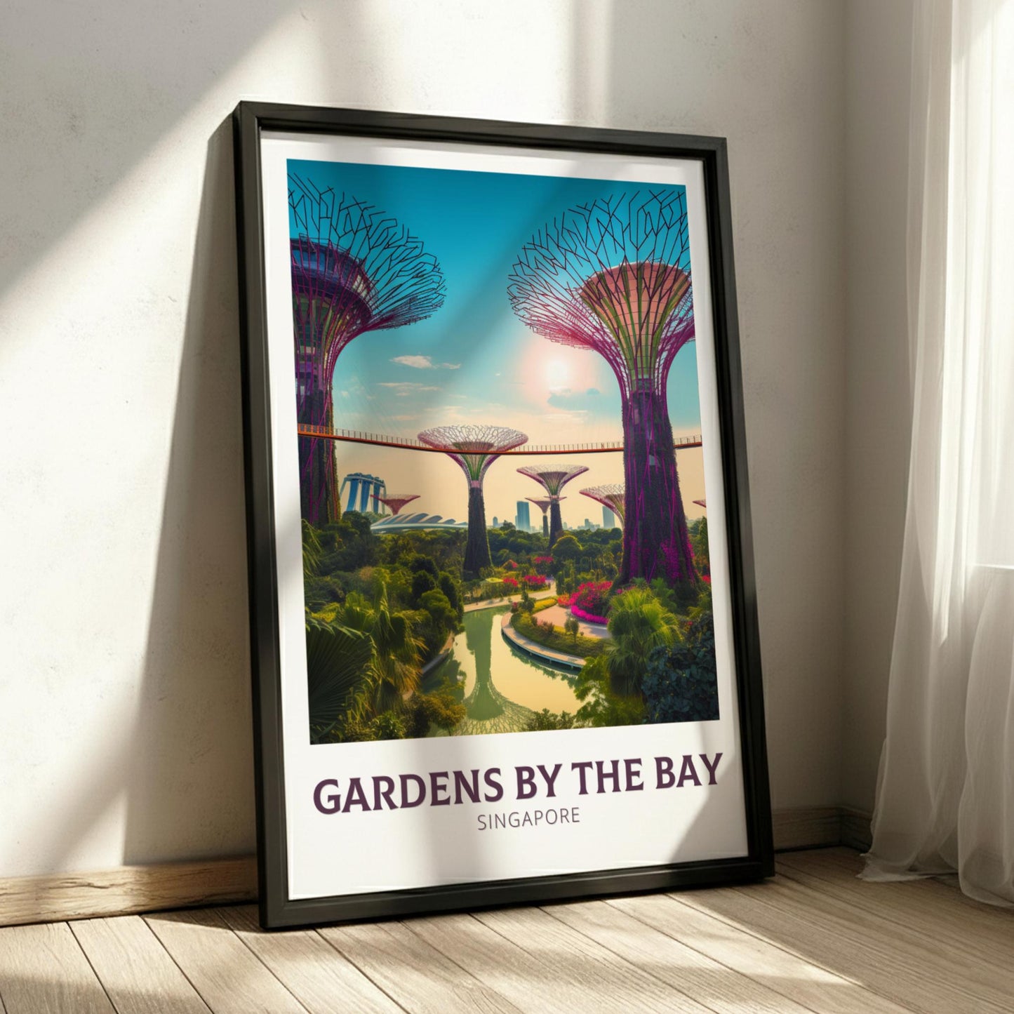 Framed poster of Gardens by the Bay in Singapore on a wall.
