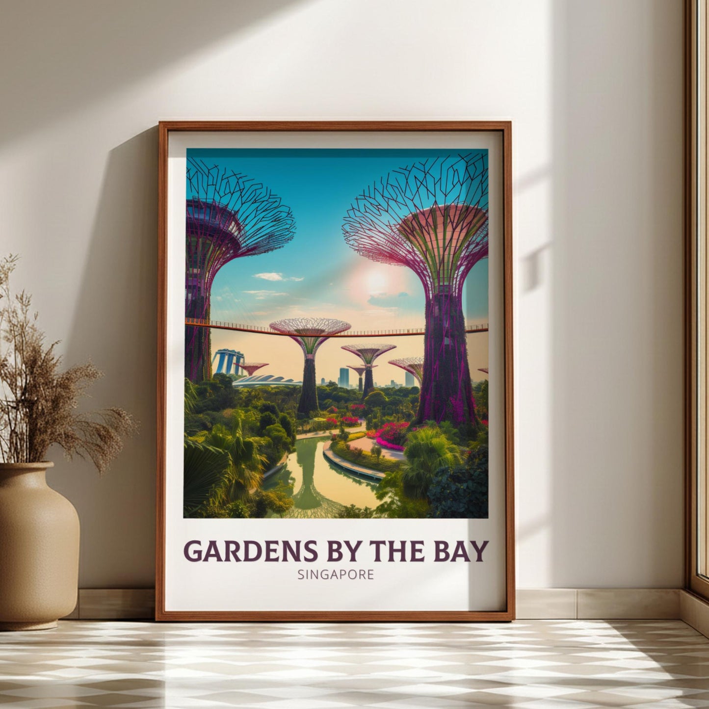 Framed poster of Gardens by the Bay in Singapore on a wall.