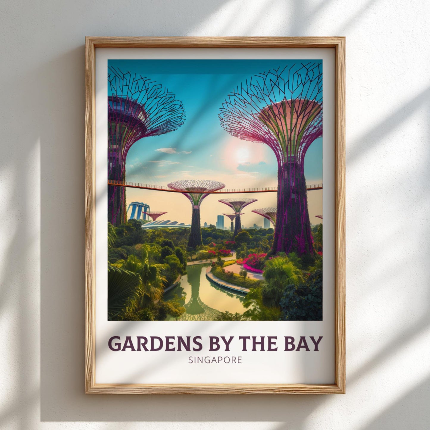 Framed poster of Gardens by the Bay with Supertrees on a light background