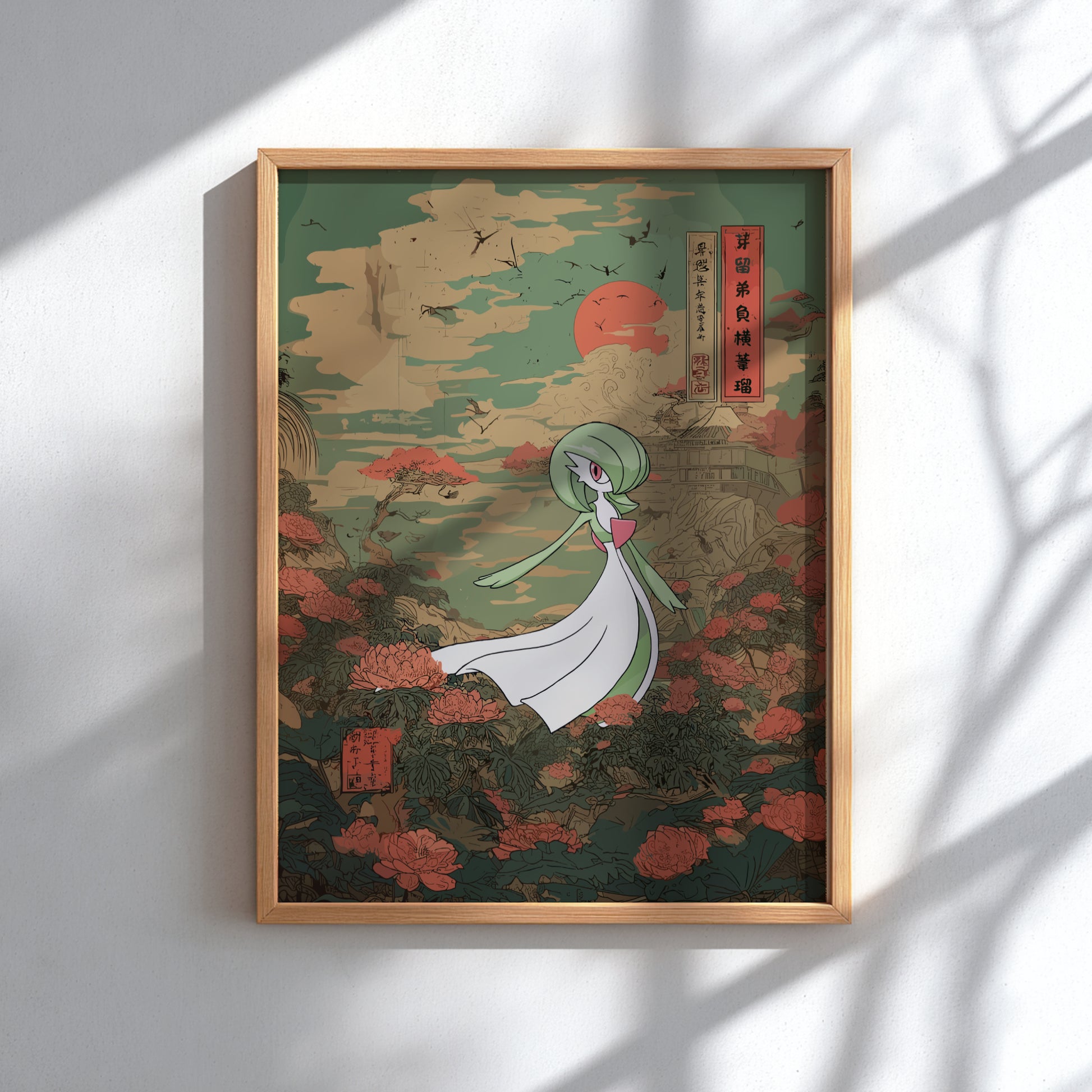 Framed artwork with Gardevoir Pokemon character in a traditional setting on a white wall.