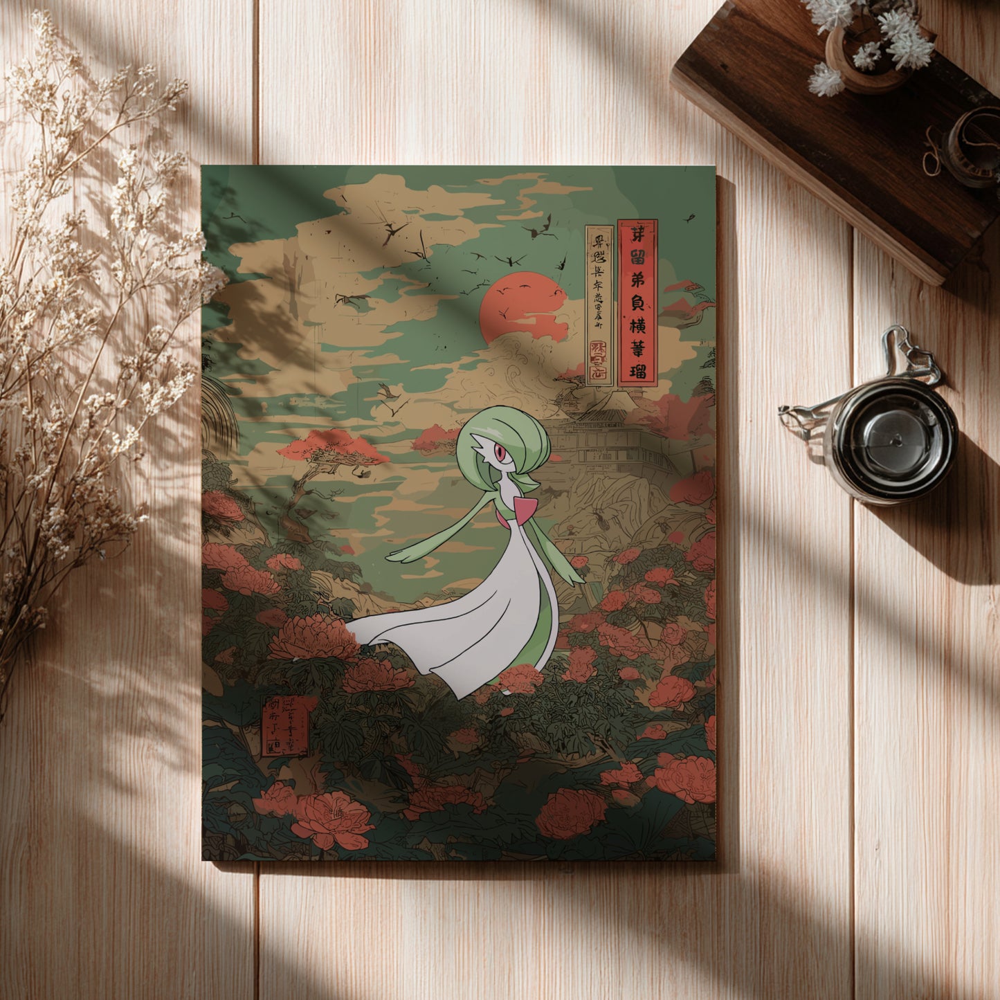 Poster with a colorful illustration of an Gardevoir Pokemon character on a wooden surface