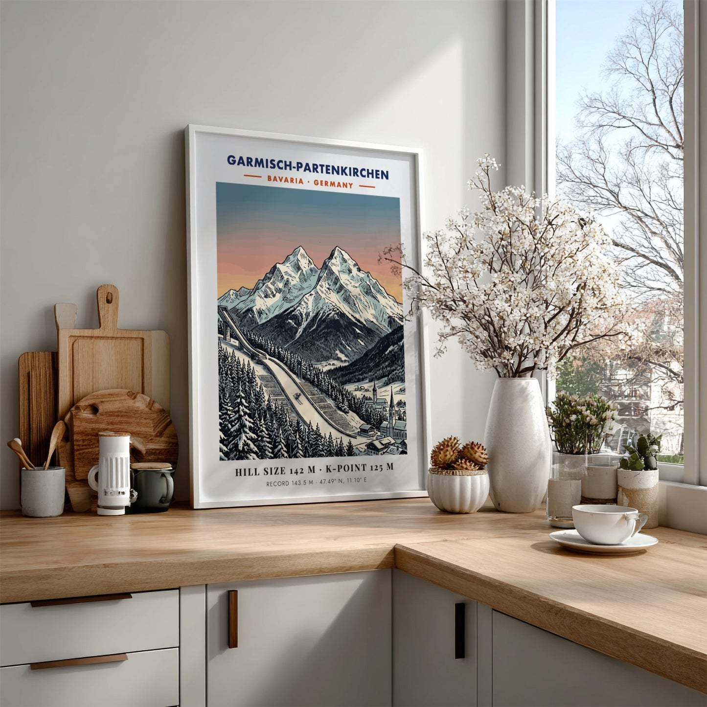 Poster of Garmisch-Partenkirchen featuring a ski jump, snowy Bavarian mountains, and sunset sky.