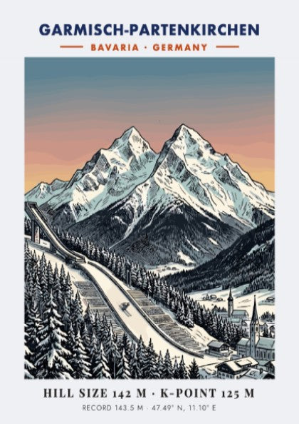 Poster of Garmisch-Partenkirchen featuring a ski jump, snowy Bavarian mountains, and sunset sky.