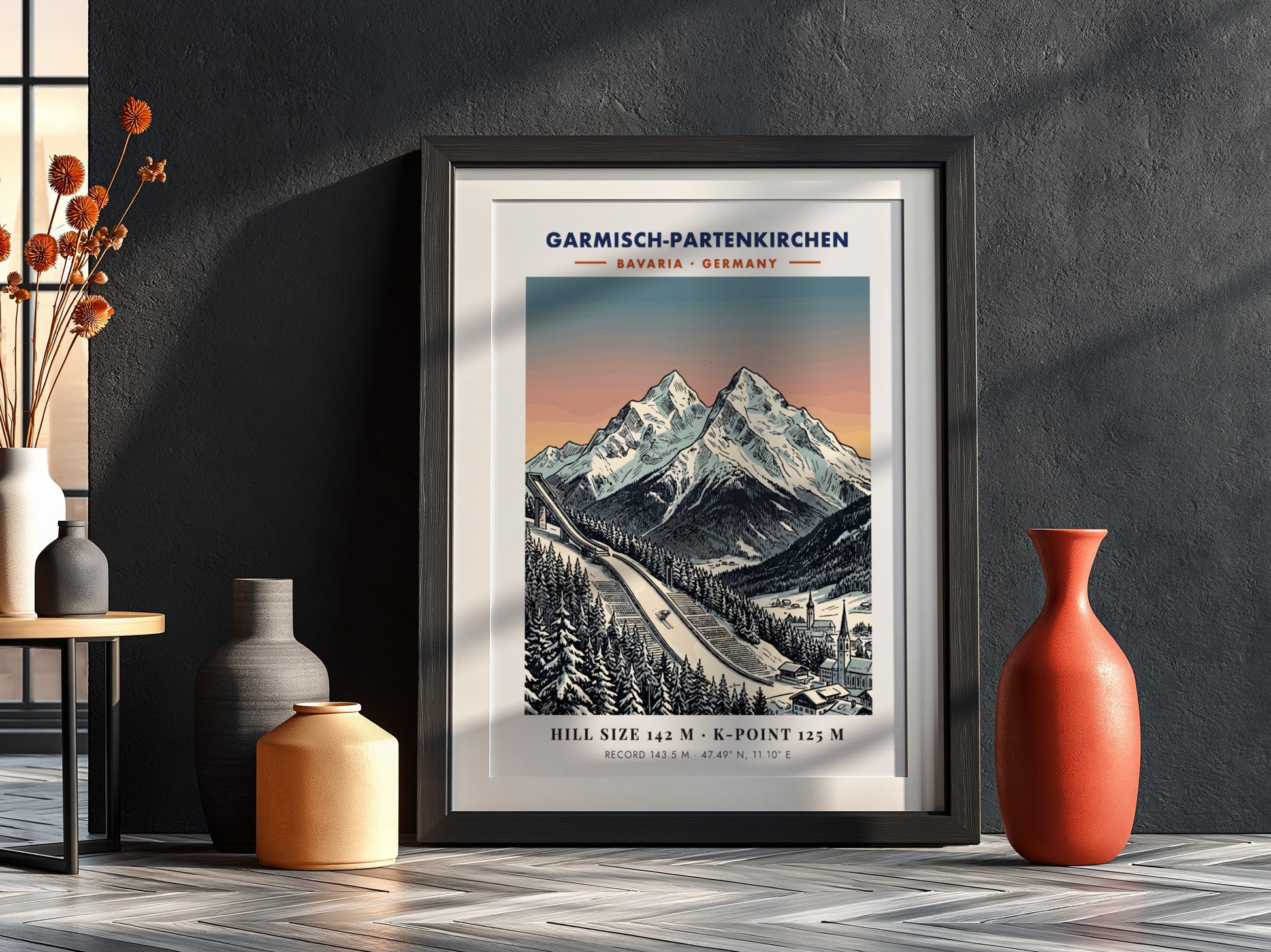 Poster of Garmisch-Partenkirchen featuring a ski jump, snowy Bavarian mountains, and sunset sky.