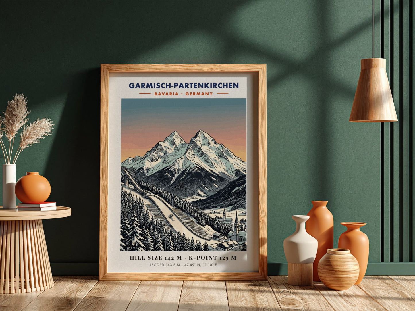 Poster of Garmisch-Partenkirchen featuring a ski jump, snowy Bavarian mountains, and sunset sky.