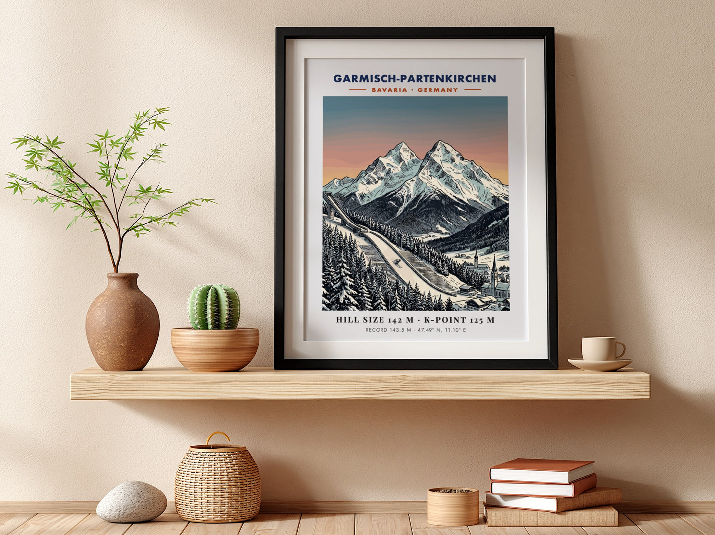 Poster of Garmisch-Partenkirchen featuring a ski jump, snowy Bavarian mountains, and sunset sky.