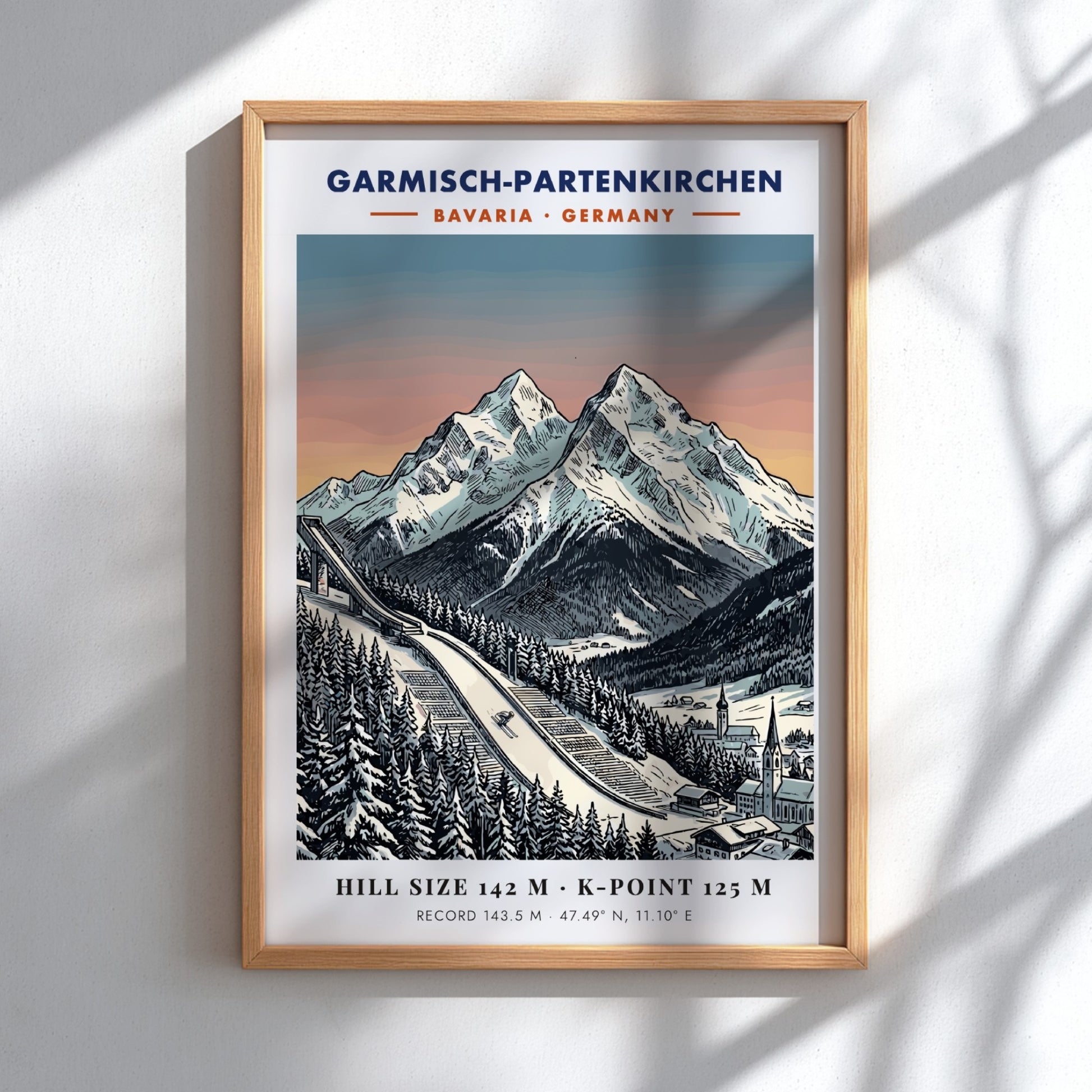 Poster of Garmisch-Partenkirchen featuring a ski jump, snowy Bavarian mountains, and sunset sky.