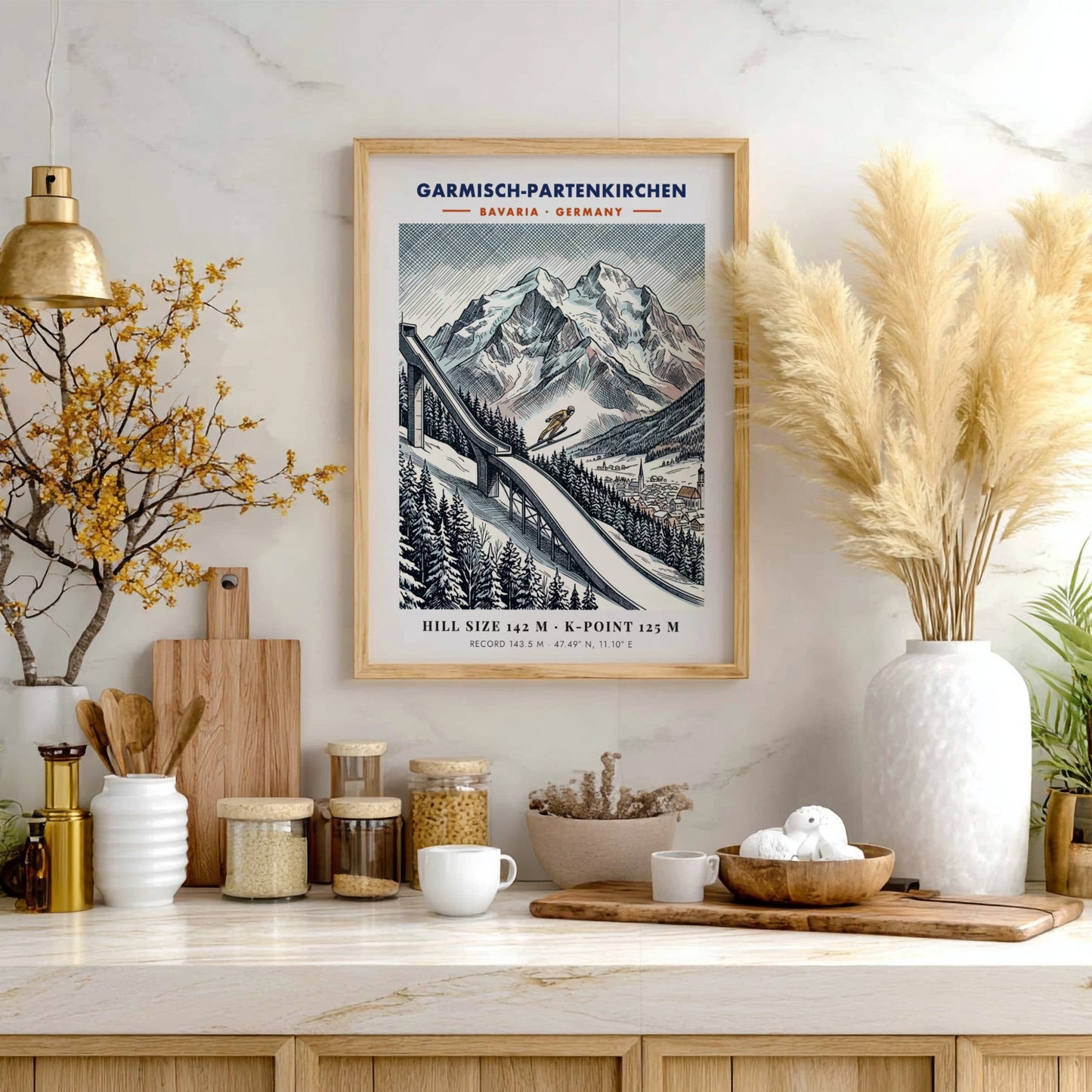 Poster featuring a ski jumper on a slope in Garmisch-Partenkirchen with mountain backdrop