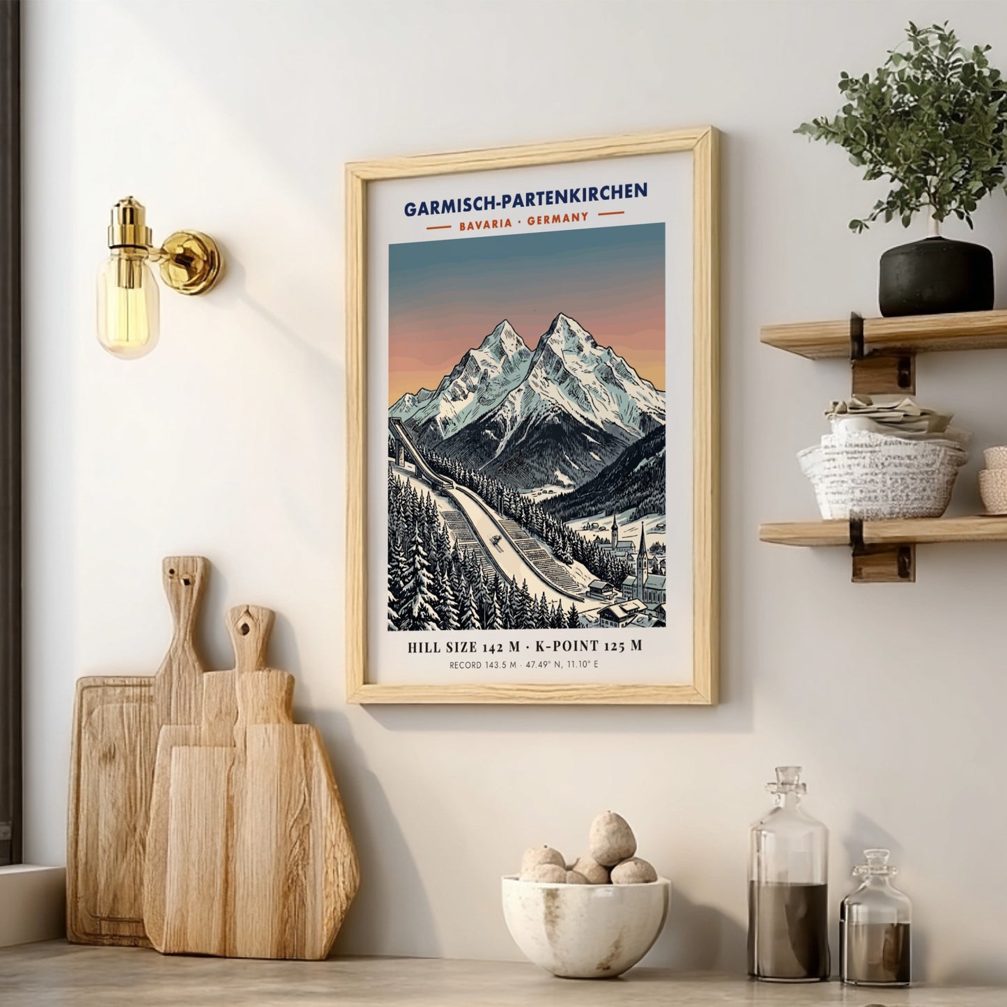 Poster of Garmisch-Partenkirchen featuring a ski jump, snowy Bavarian mountains, and sunset sky.