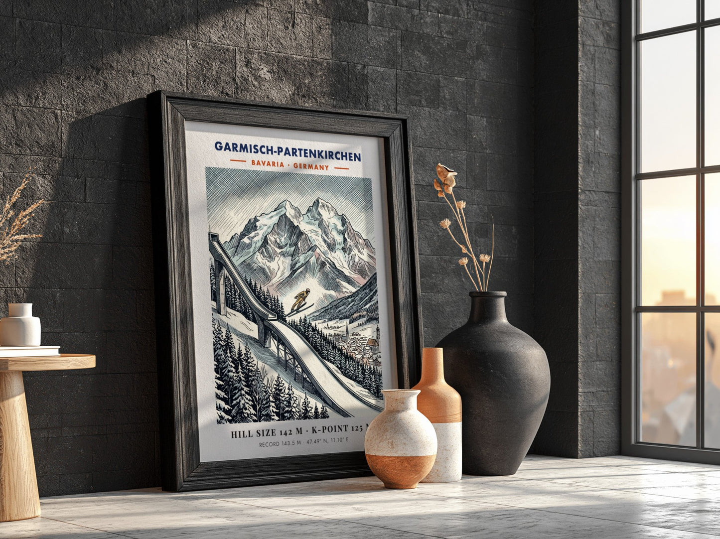 Poster featuring a ski jumper on a slope in Garmisch-Partenkirchen with mountain backdrop