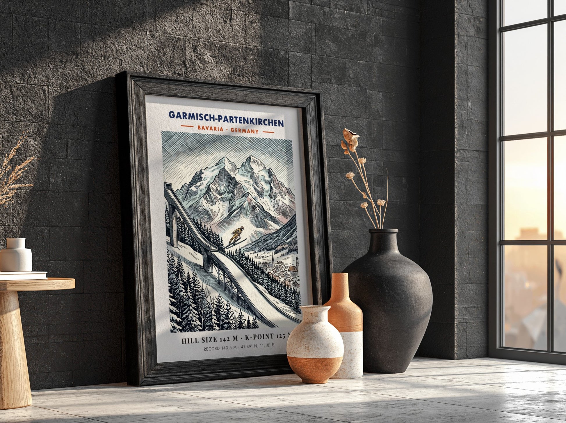 Poster featuring a ski jumper on a slope in Garmisch-Partenkirchen with mountain backdrop