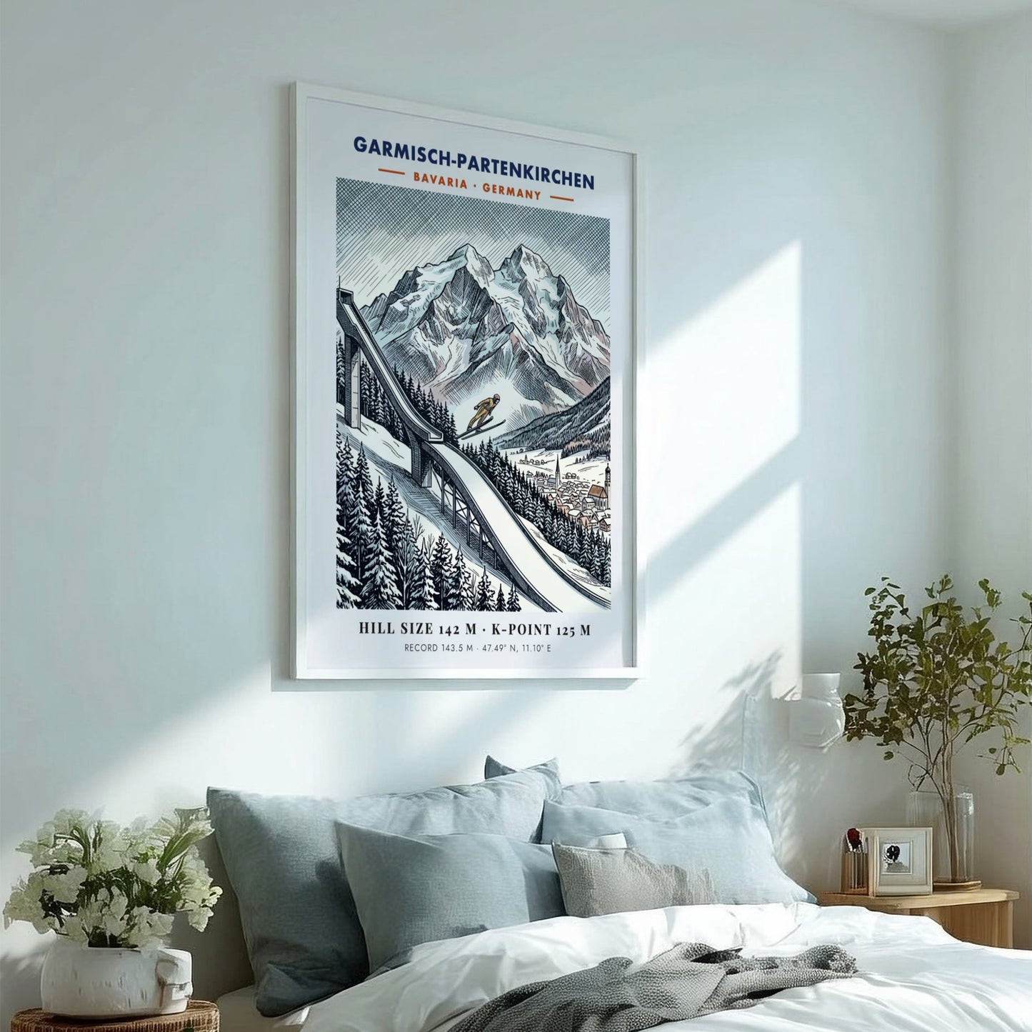 Poster featuring a ski jumper on a slope in Garmisch-Partenkirchen with mountain backdrop