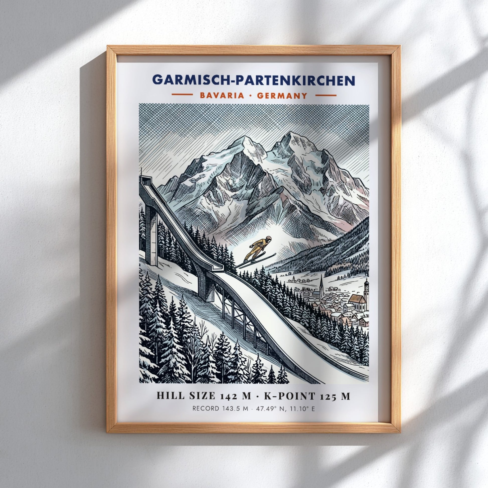 Poster featuring a ski jumper on a slope in Garmisch-Partenkirchen with mountain backdrop