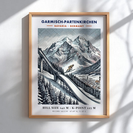 Poster featuring a ski jumper on a slope in Garmisch-Partenkirchen with mountain backdrop