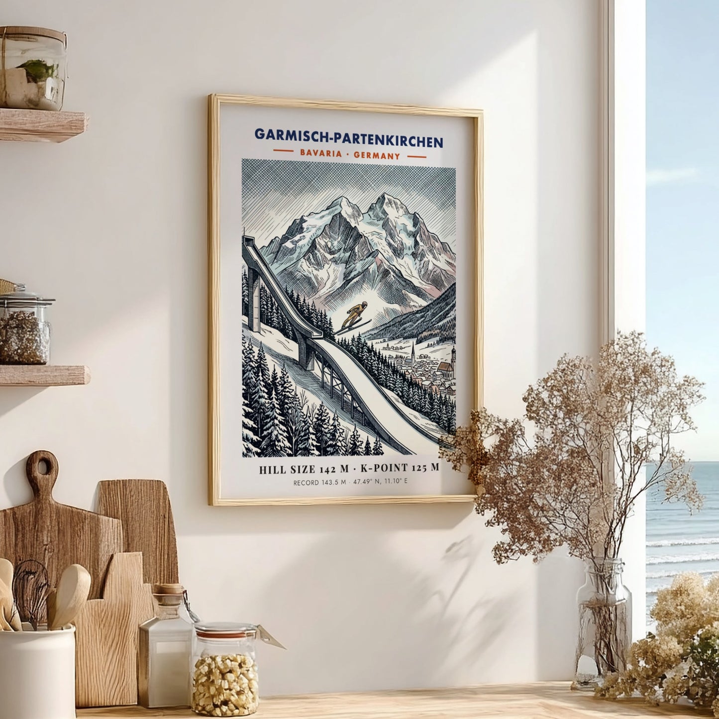 Poster featuring a ski jumper on a slope in Garmisch-Partenkirchen with mountain backdrop