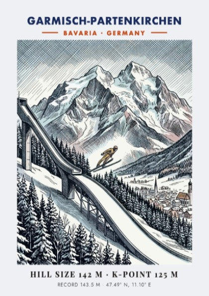Poster featuring a ski jumper on a slope in Garmisch-Partenkirchen with mountain backdrop