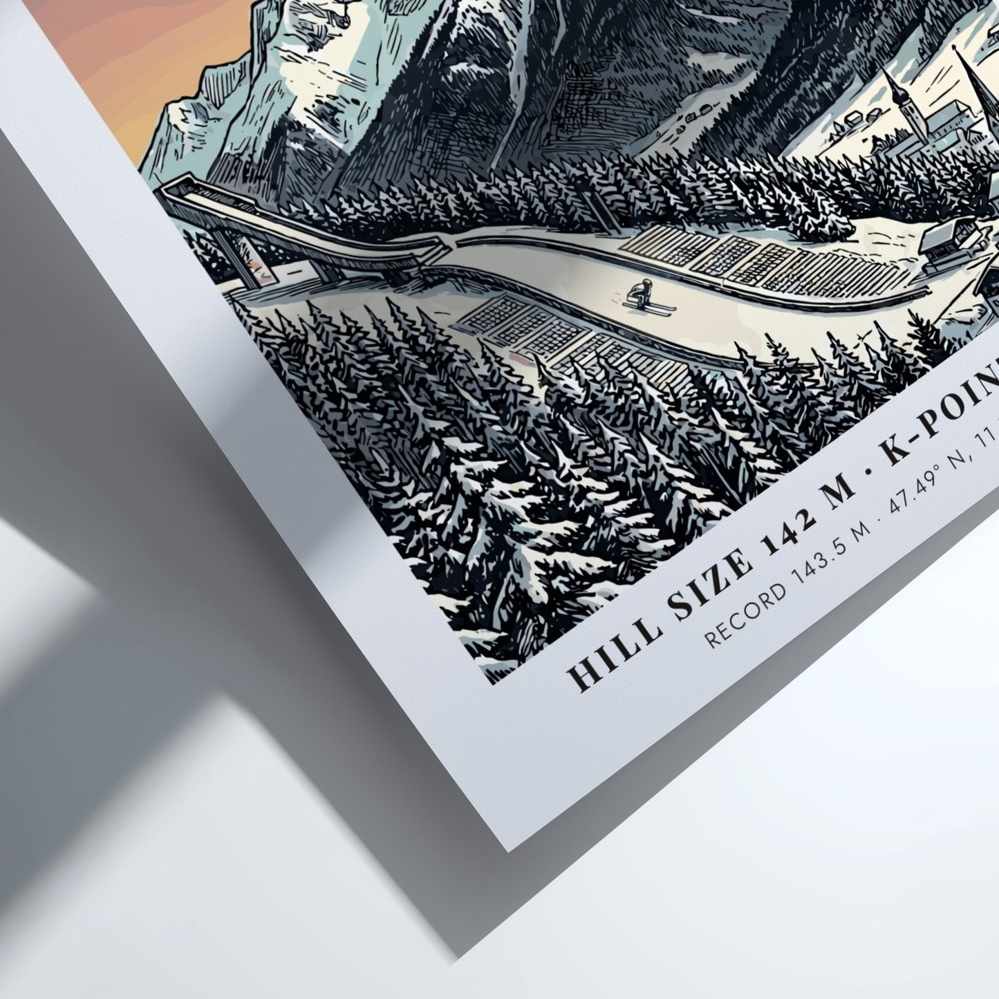 Poster of Garmisch-Partenkirchen featuring a ski jump, snowy Bavarian mountains, and sunset sky.