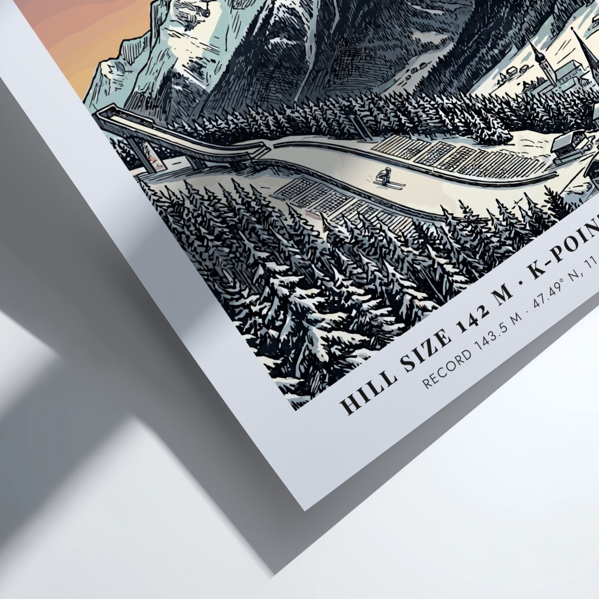 Poster of Garmisch-Partenkirchen featuring a ski jump, snowy Bavarian mountains, and sunset sky.