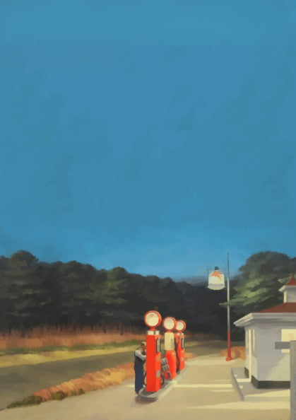 Poster of Edward Hopper's 'Gas' painting, featuring vintage red gas pumps under a twilight blue sky.