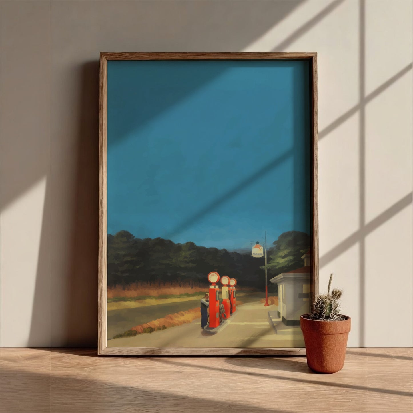 Poster of Edward Hopper's 'Gas' painting, featuring vintage red gas pumps under a twilight blue sky.