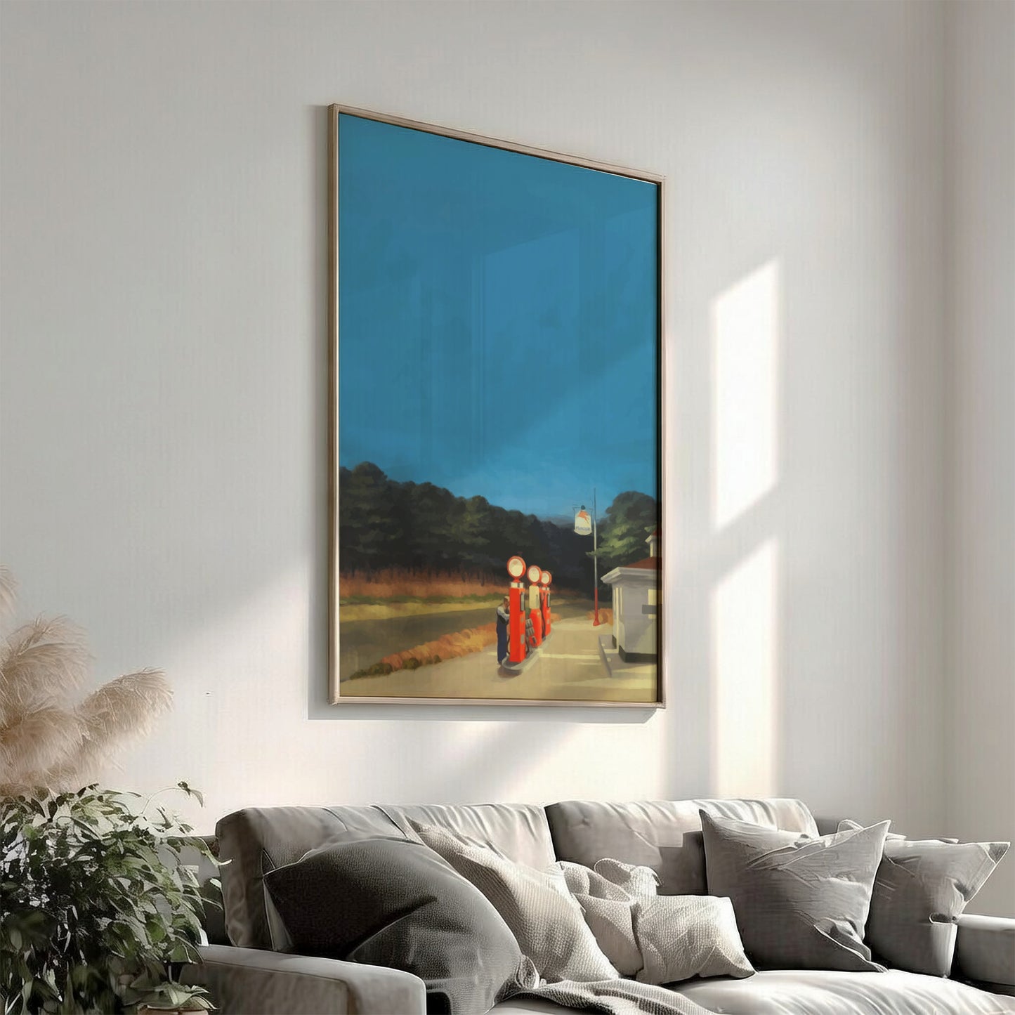 Poster of Edward Hopper's 'Gas' painting, featuring vintage red gas pumps under a twilight blue sky.