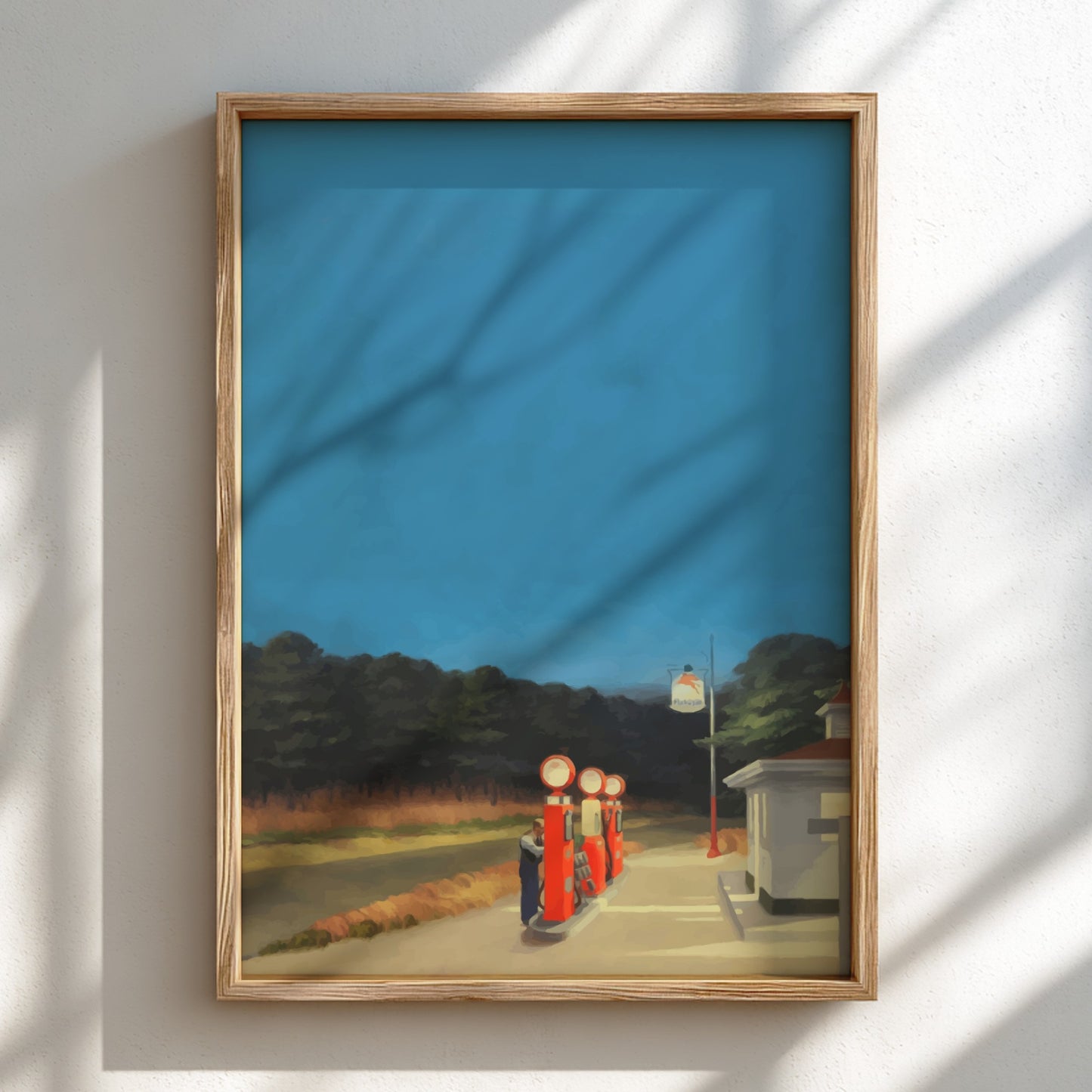 Poster of Edward Hopper's 'Gas' painting, featuring vintage red gas pumps under a twilight blue sky.