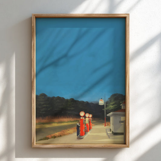 Poster of Edward Hopper's 'Gas' painting, featuring vintage red gas pumps under a twilight blue sky.