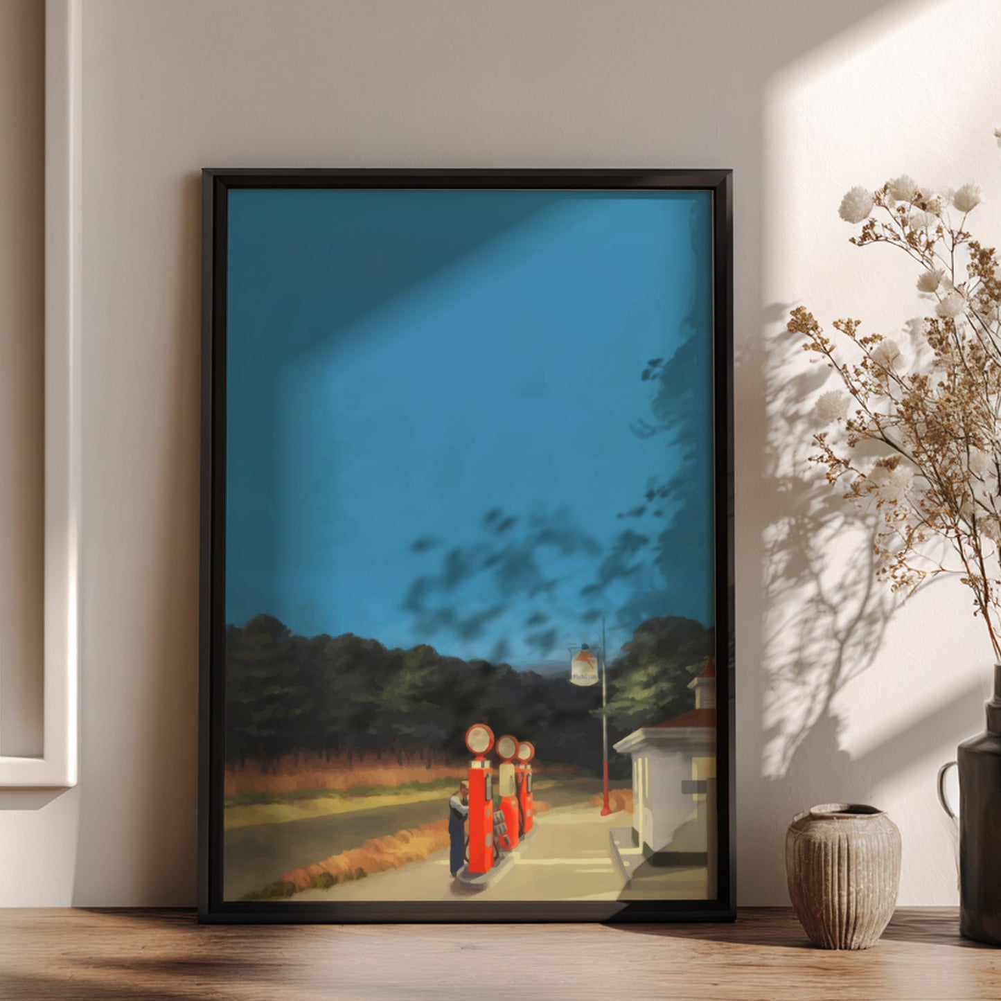 Poster of Edward Hopper's 'Gas' painting, featuring vintage red gas pumps under a twilight blue sky.