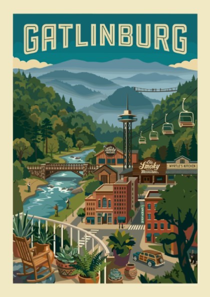 Gatlinburg travel poster featuring mountains, cable cars, and a river in a retro style.
