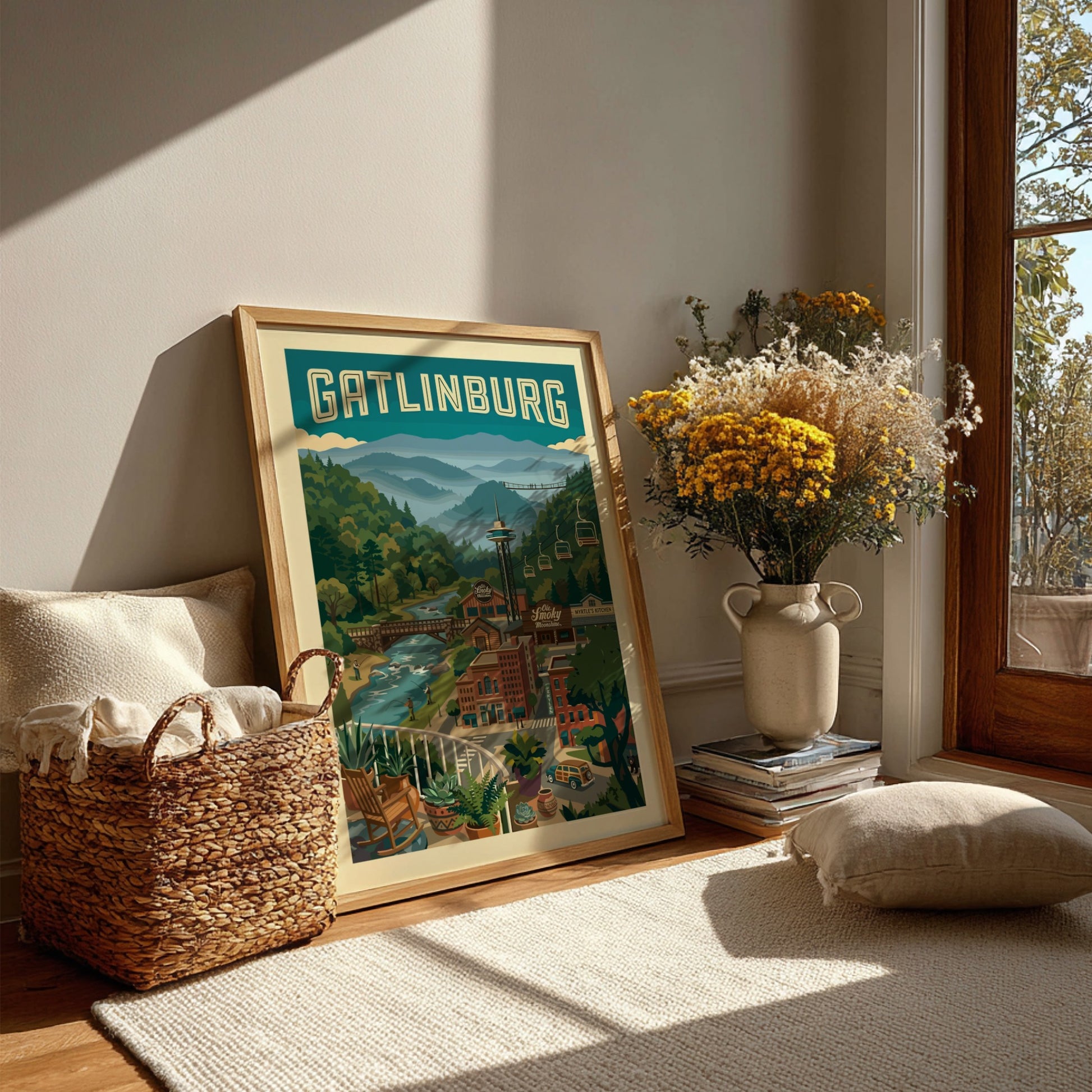 Gatlinburg travel poster featuring mountains, cable cars, and a river in a retro style.