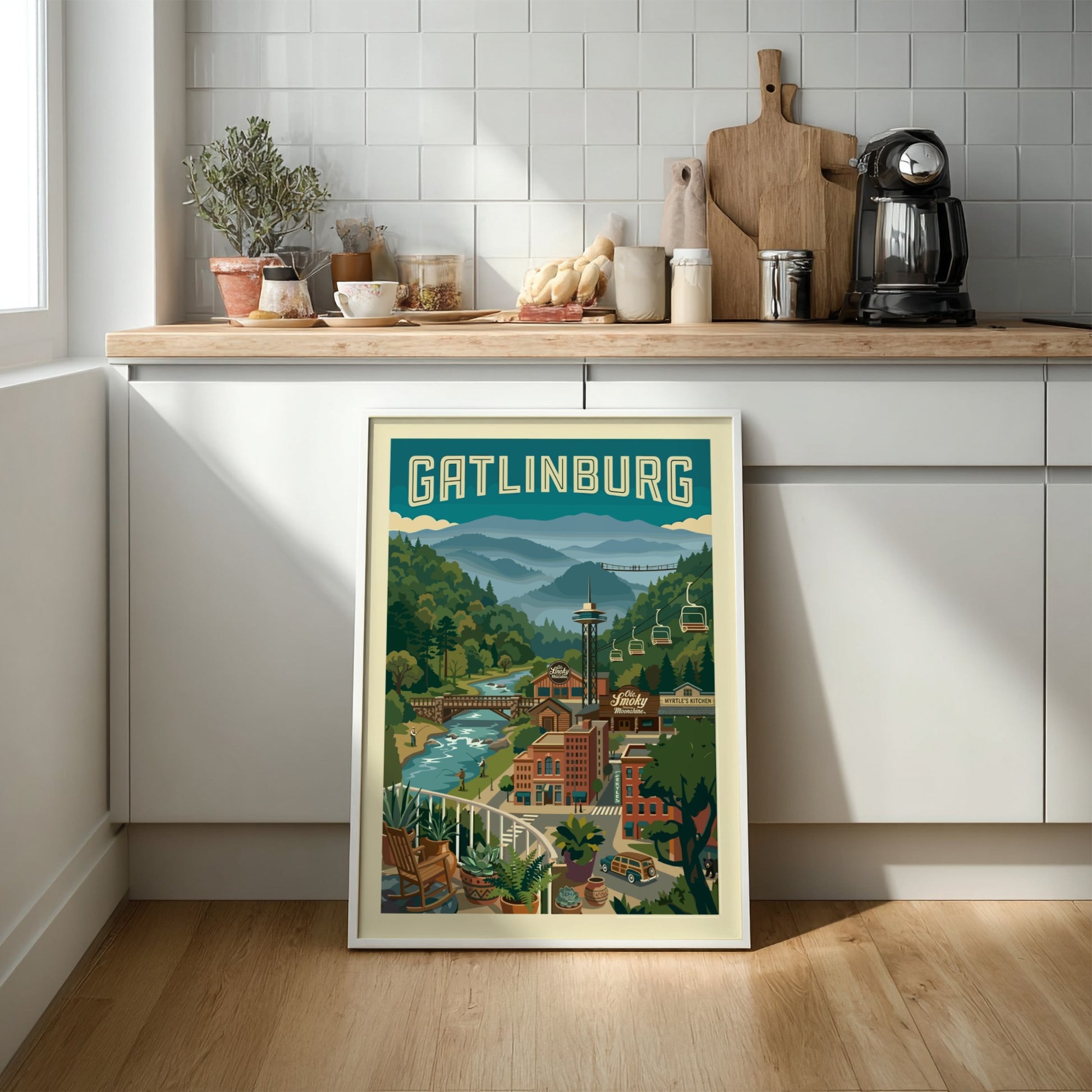 Gatlinburg travel poster featuring mountains, cable cars, and a river in a retro style.