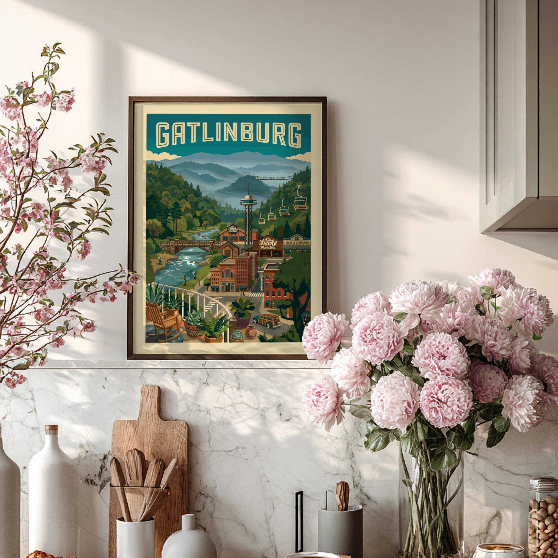 Gatlinburg travel poster featuring mountains, cable cars, and a river in a retro style.