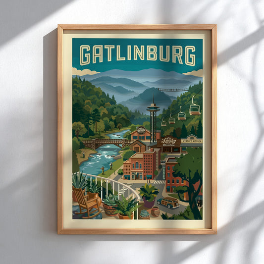 Gatlinburg travel poster featuring mountains, cable cars, and a river in a retro style.