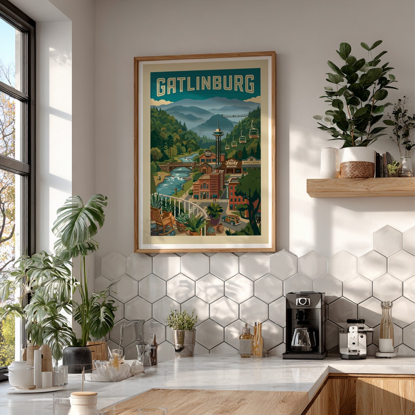 Gatlinburg travel poster featuring mountains, cable cars, and a river in a retro style.